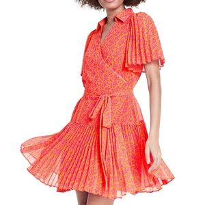 Alexis floral flutter sleeve pleated wrap dress S